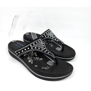 Skechers Relax Fit Womens Size 9 Black Rhinestone Thong Flip Flop Wedge Sandals